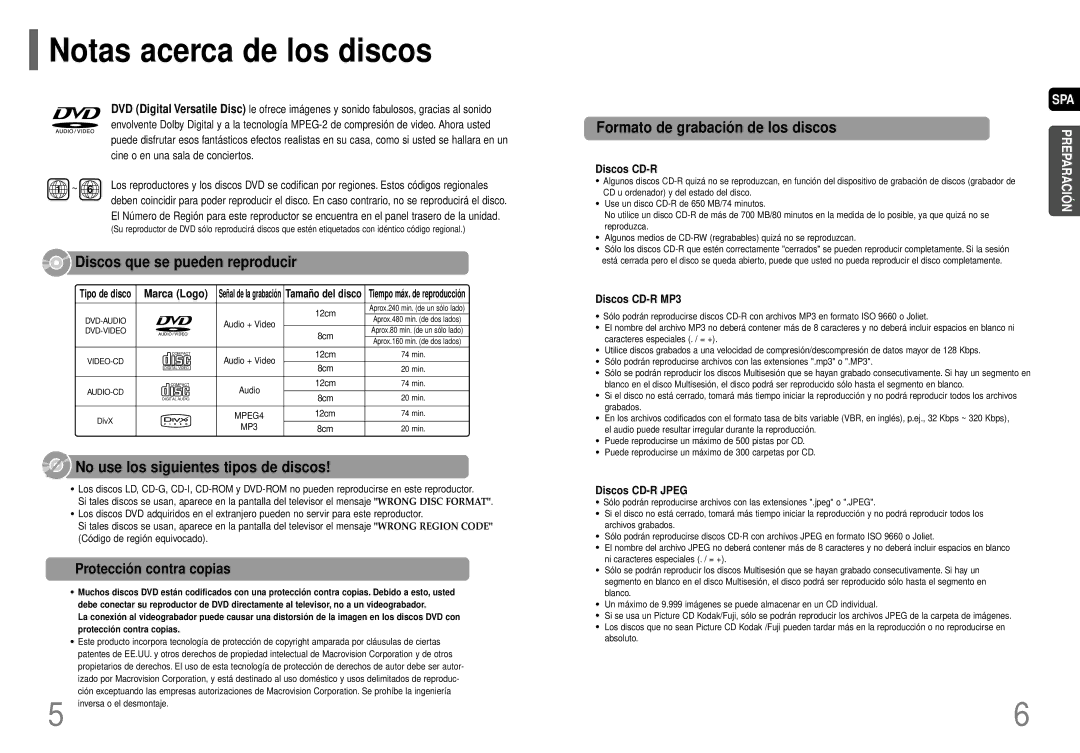 Samsung HT-P70R/ELS Notas acerca de los discos, Discos que se pueden reproducir, No use los siguientes tipos de discos 