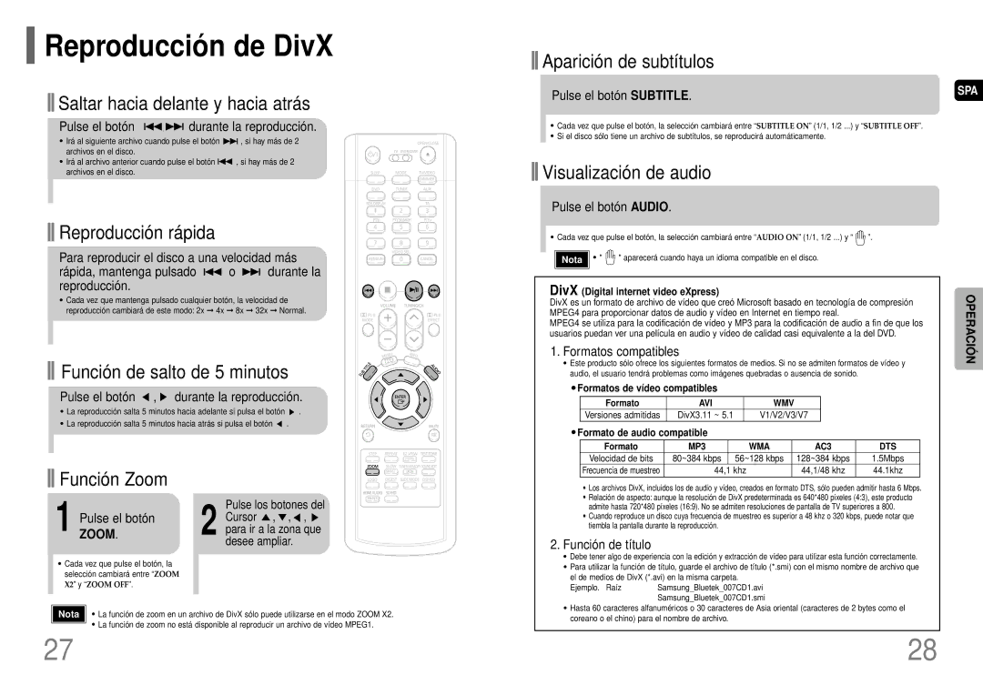 Samsung HT-P70R/ELS manual Reproducció n de DivX, Zoom 