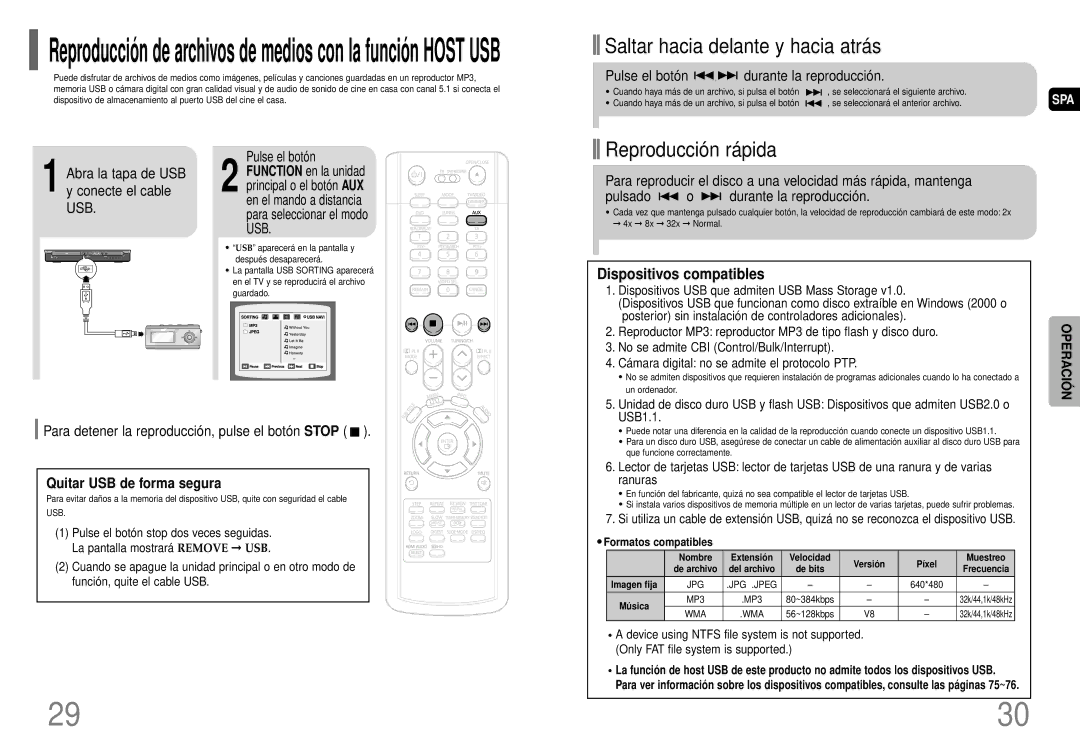 Samsung HT-P70R/ELS manual Dispositivos compatibles, Abra la tapa de USB y conecte el cable USB Pulse el botón 