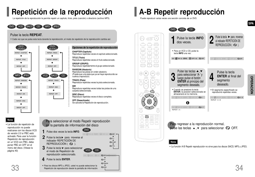 Samsung HT-P70R/ELS manual Repetició n de la reproducció n, Repetir reproducció n, Pulse la tecla Repeat 