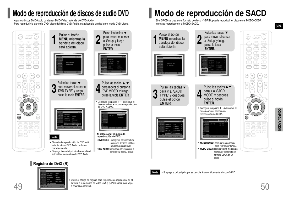 Samsung HT-P70R/ELS manual Registro de DviX R, Pulse las teclas para ir a ‘SACD, ‘Setup’ y luego pulse la tecla 