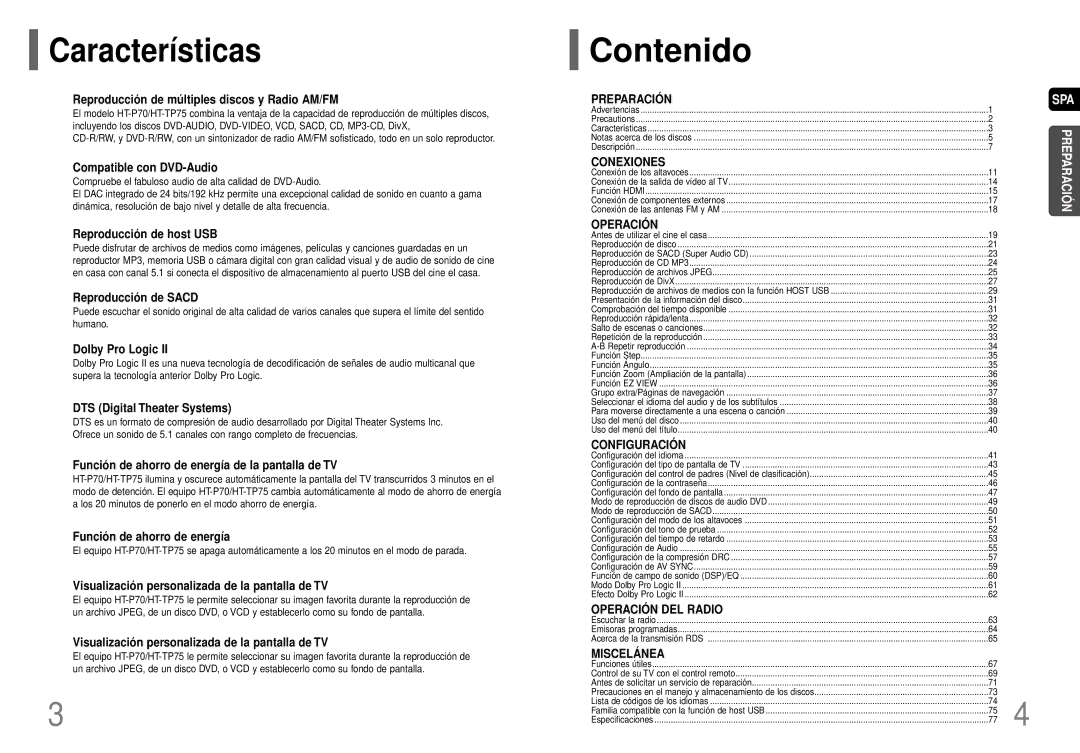 Samsung HT-P70R/ELS manual Características, Contenido 