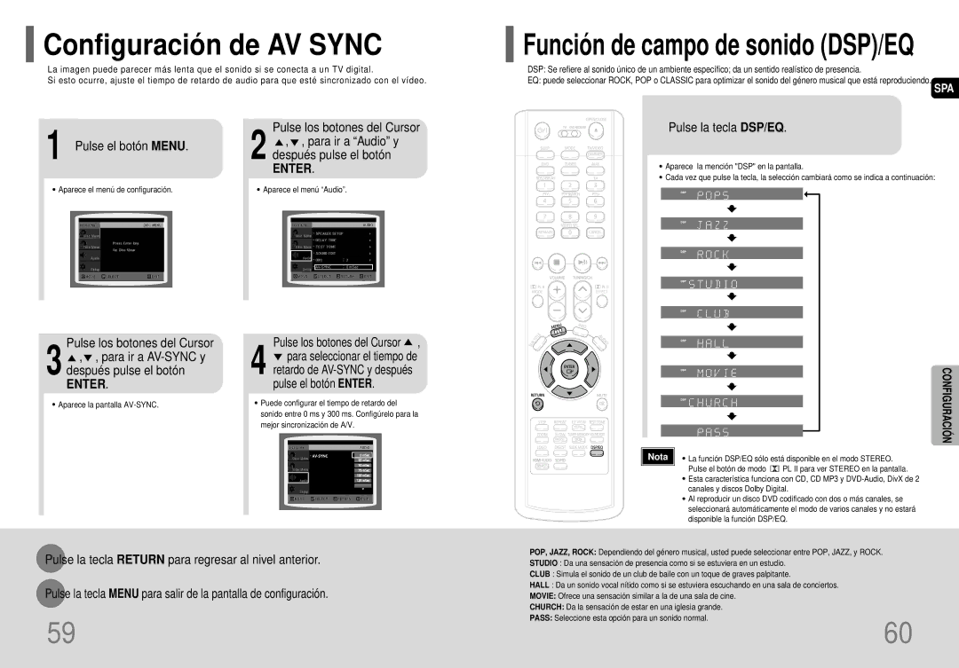 Samsung HT-P70R/ELS Configuració n de AV Sync, Pulse el botón Menu, Pulse los botones del Cursor, Pulse la tecla DSP/EQ 