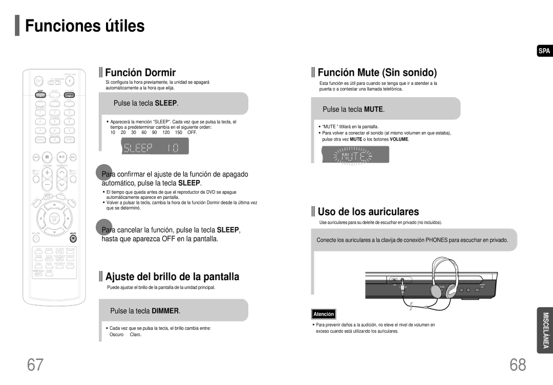 Samsung HT-P70R/ELS manual Funciones ú tiles, Pulse la tecla Sleep, Pulse la tecla Dimmer, Pulse la tecla Mute 