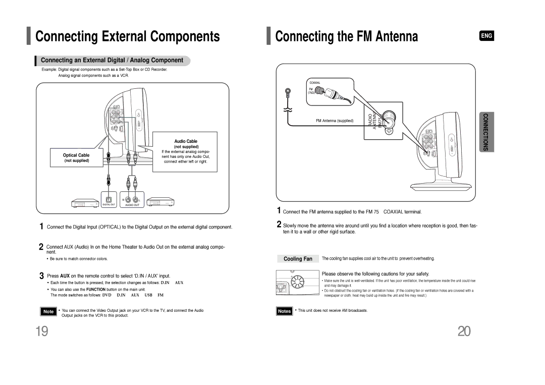 Samsung HT-Q100W Connecting an External Digital / Analog Component, Cooling Fan, Audio Cable, Optical Cable 