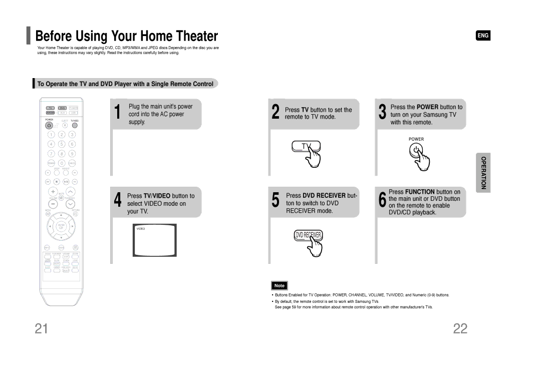 Samsung HT-Q100 Press TV/VIDEO button to select Video mode on your TV, Press TV button to set the remote to TV mode 