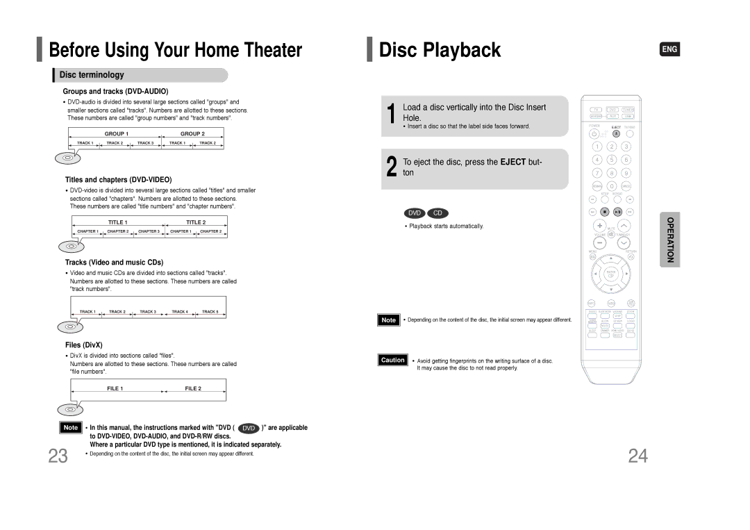 Samsung HT-Q100W instruction manual Disc Playback, Disc terminology, Load a disc vertically into the Disc Insert Hole 