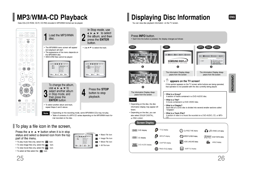 Samsung HT-Q100W instruction manual MP3/WMA-CD Playback, To play a file icon in the screen 