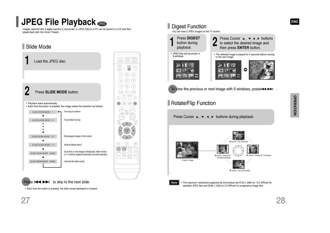 Samsung HT-Q100W instruction manual Jpeg File Playback, Digest Function, Slide Mode, Rotate/Flip Function 