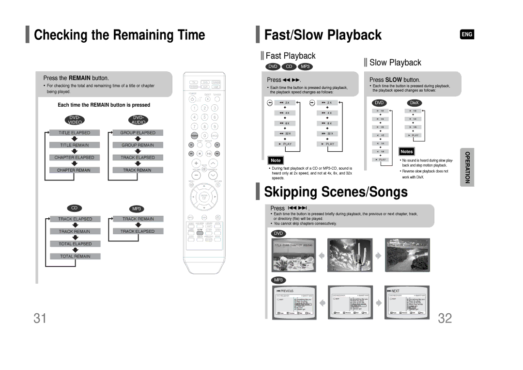 Samsung HT-Q100W instruction manual Fast/Slow Playback, Skipping Scenes/Songs, Checking the Remaining Time 