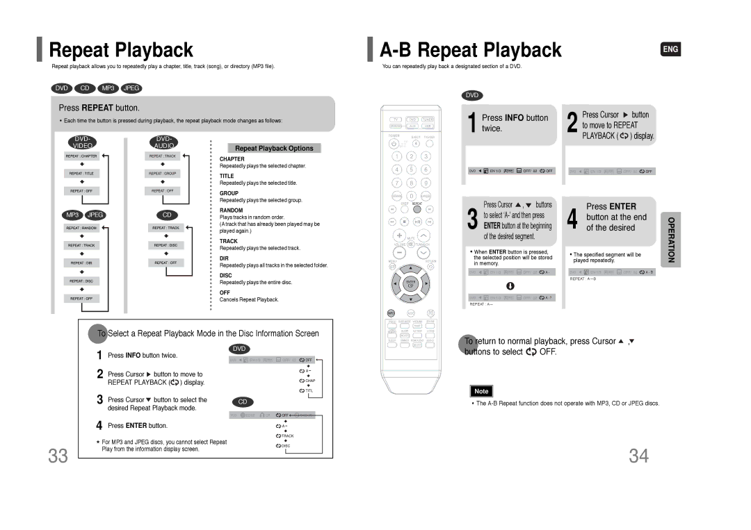 Samsung HT-Q100W Repeat Playback, Press Repeat button, Twice, Press Enter Button at the end of the desired 