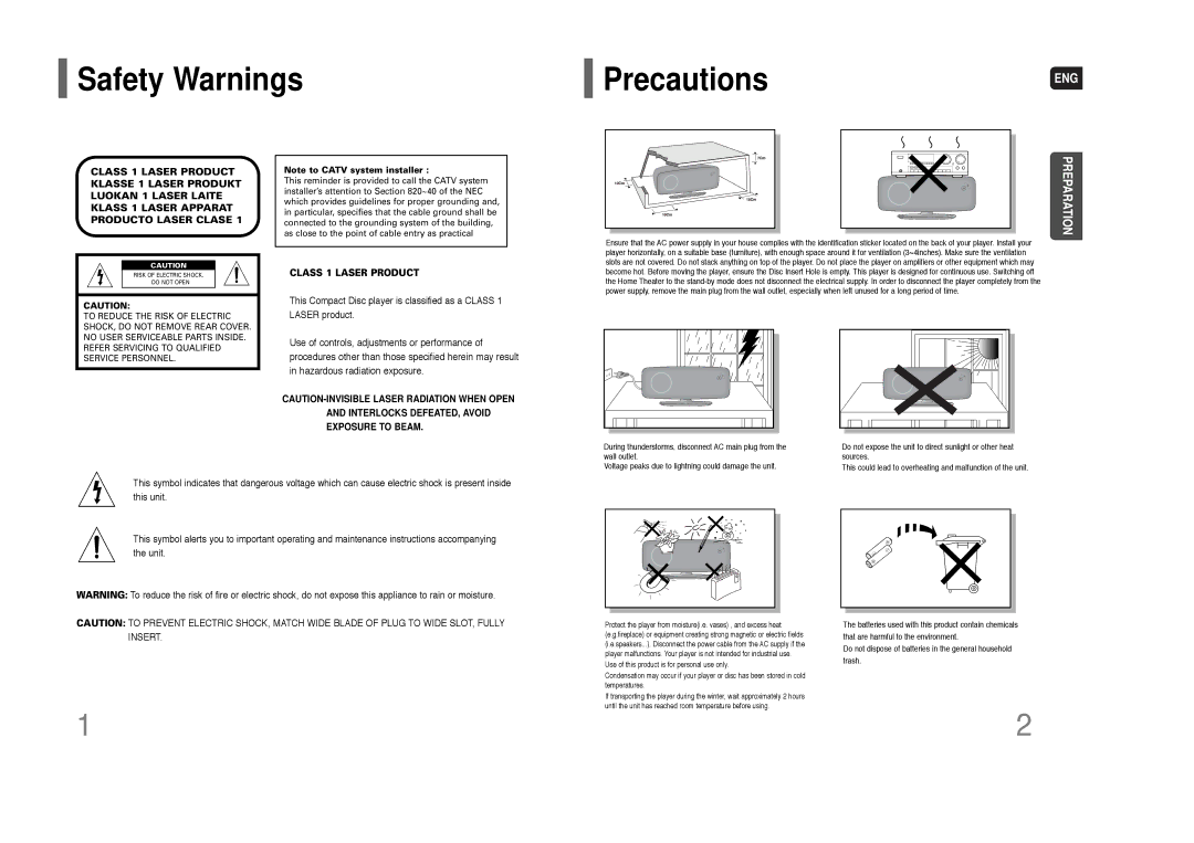 Samsung HT-Q100W instruction manual Safety Warnings PrecautionsENG, Class 1 Laser Product 