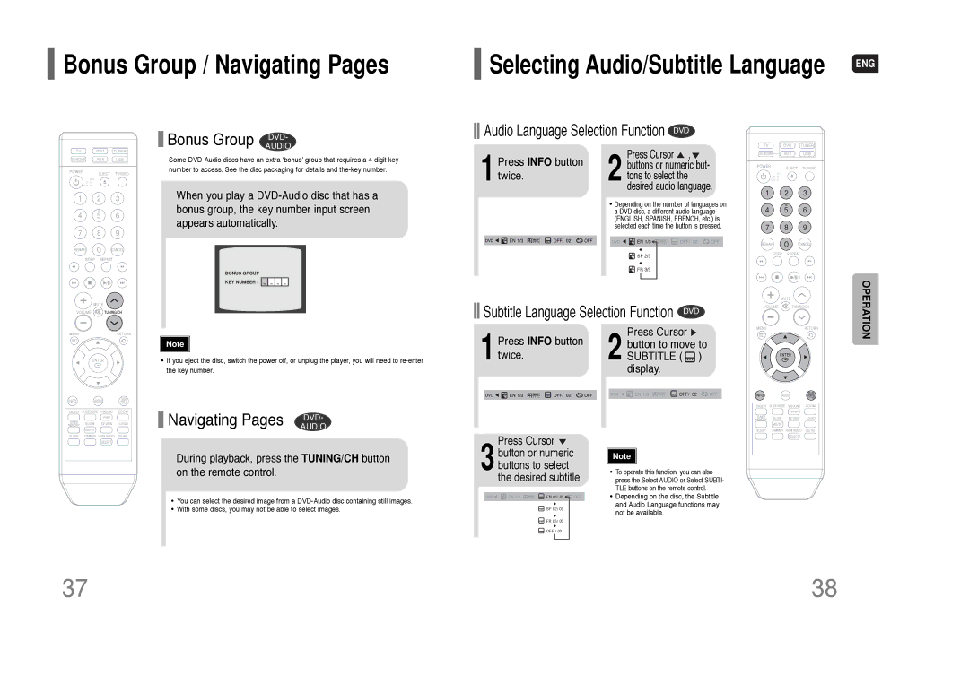 Samsung HT-Q100W Bonus Group DVD, Navigating Pages DVD, Press Cursor, Press Info button Button to move to 1twice 