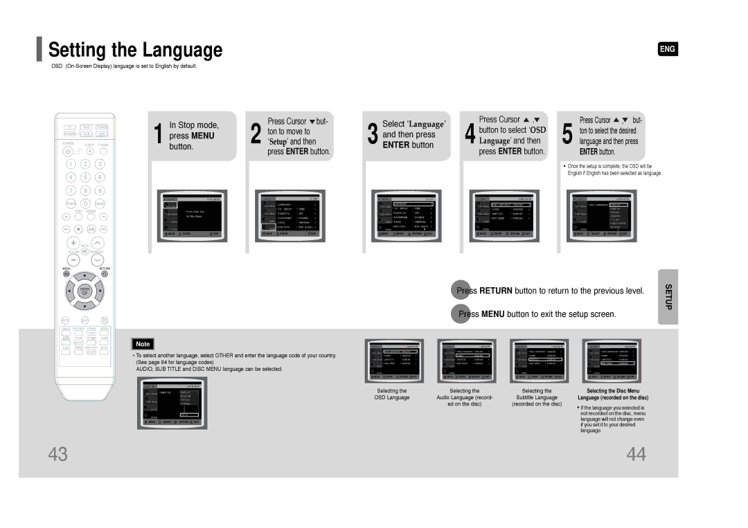 Samsung HT-Q100W Setting the Language, Stop mode Press Menu button, Select ‘Language’, Then press, Enter button 