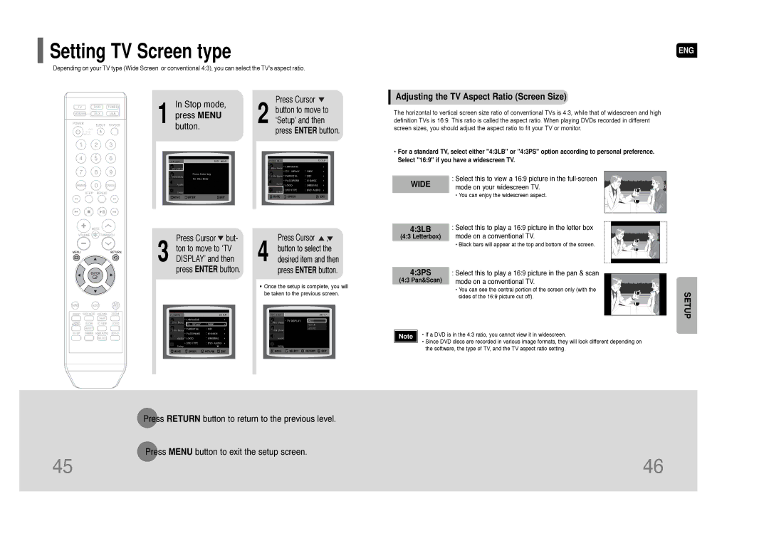 Samsung HT-Q100W instruction manual Adjusting the TV Aspect Ratio Screen Size, Letterbox, 43 Pan&Scan 