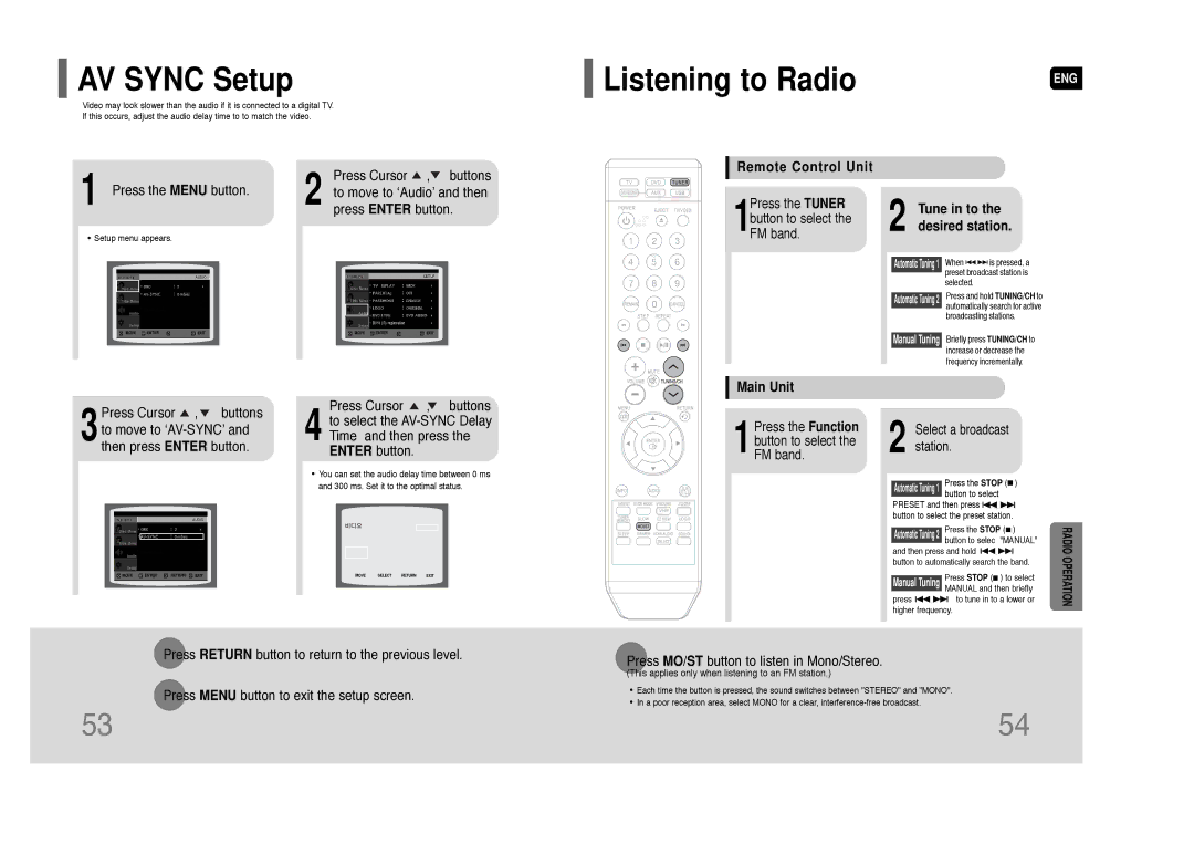 Samsung HT-Q100 AV Sync Setup, Listening to Radio, Remote Control Unit, Tune in to the desired station, Main Unit 