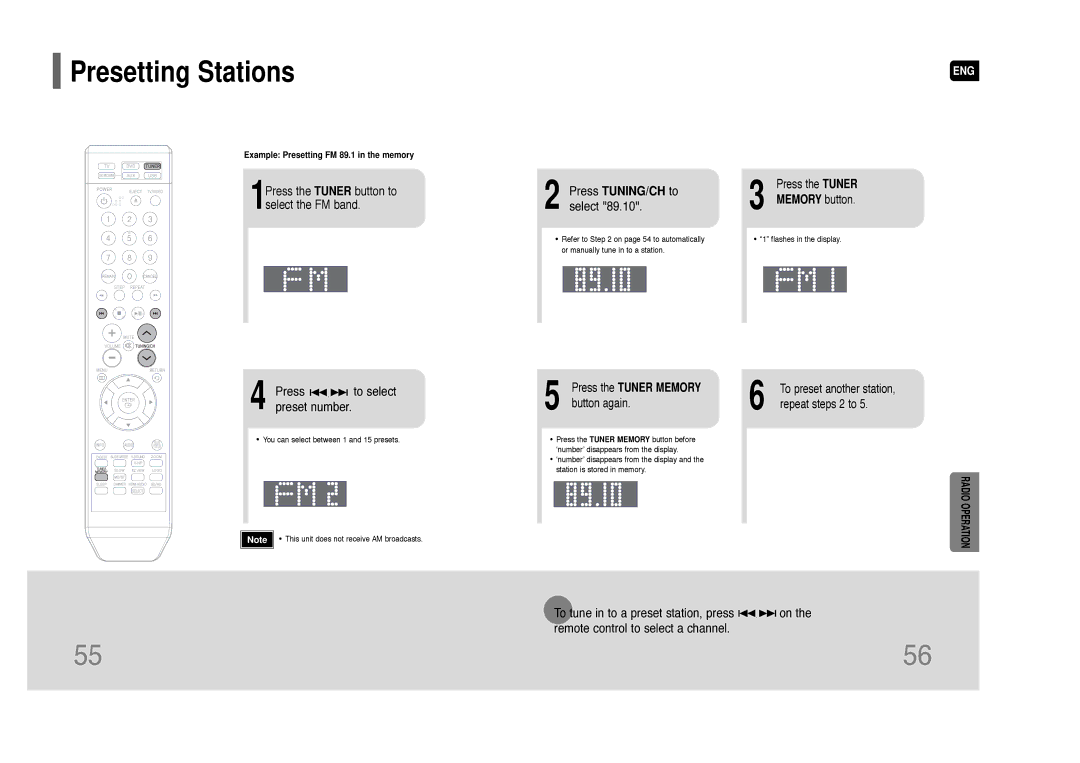 Samsung HT-Q100W instruction manual Presetting Stations, Presspreset number. to select, Press TUNING/CH to, Select 