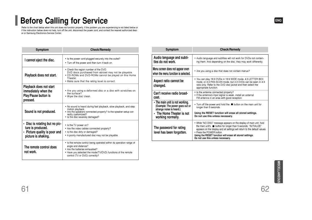 Samsung HT-Q100W instruction manual Before Calling for Service 