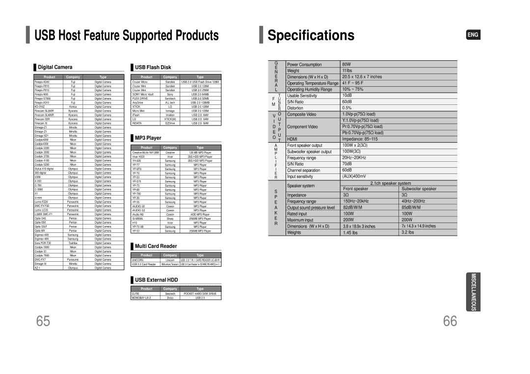 Samsung HT-Q100W instruction manual SpecificationsENG, Digital Camera 