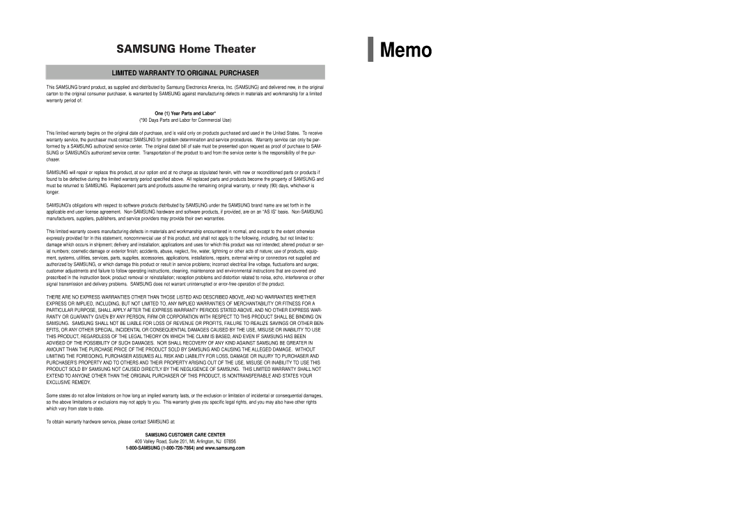 Samsung HT-Q100W instruction manual Memo, Samsung Home Theater 