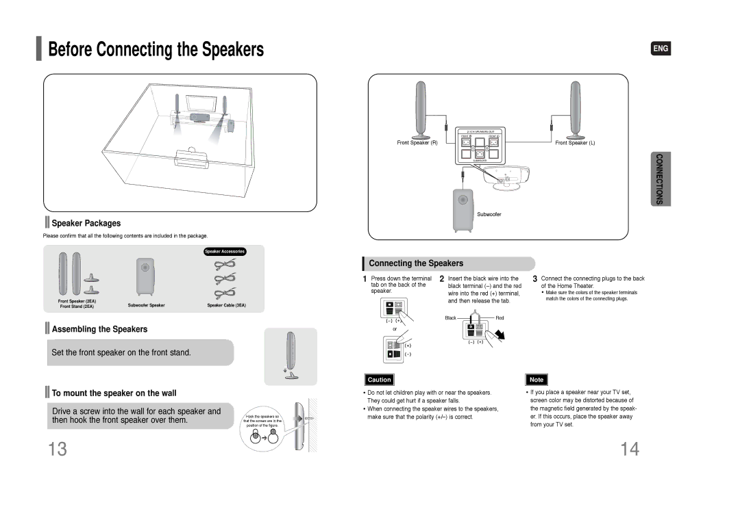 Samsung HT-Q100 Speaker Packages, Connecting the Speakers, Assembling the Speakers, To mount the speaker on the wall 