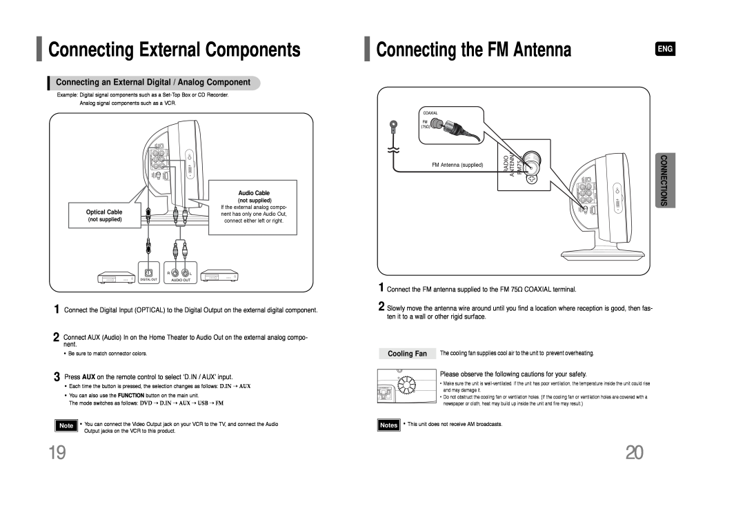 Samsung HT-Q100W Connecting External Components, Connecting an External Digital / Analog Component, Cooling Fan 