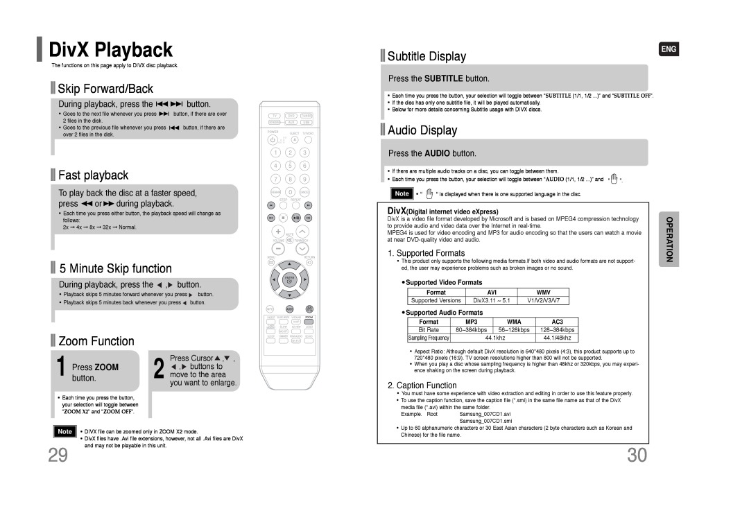 Samsung HT-Q100 DivX Playback, Skip Forward/Back, Fast playback, Minute Skip function, Subtitle Display, Audio Display 