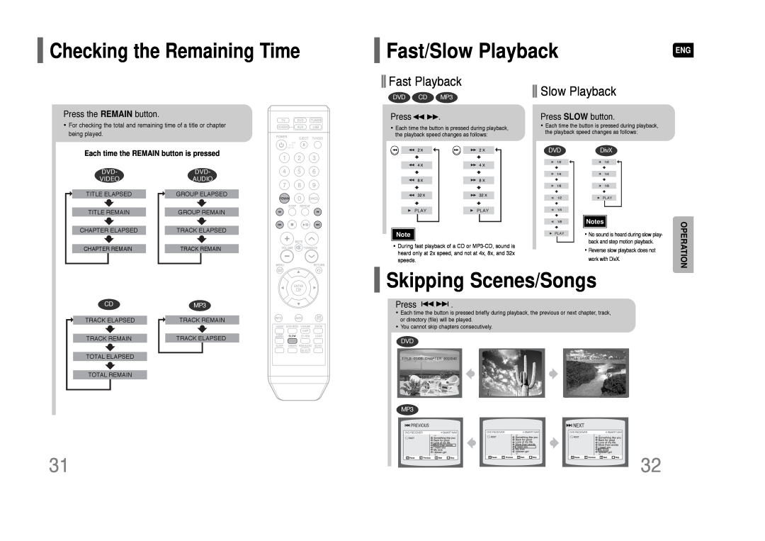 Samsung HT-Q100W Fast/Slow Playback, Skipping Scenes/Songs, Checking the Remaining Time, Fast Playback, Press SLOW button 