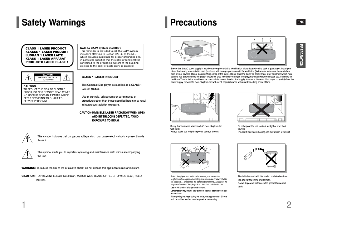 Samsung HT-Q100W instruction manual Safety Warnings, PrecautionsENG, Preparation, CLASS 1 LASER PRODUCT 