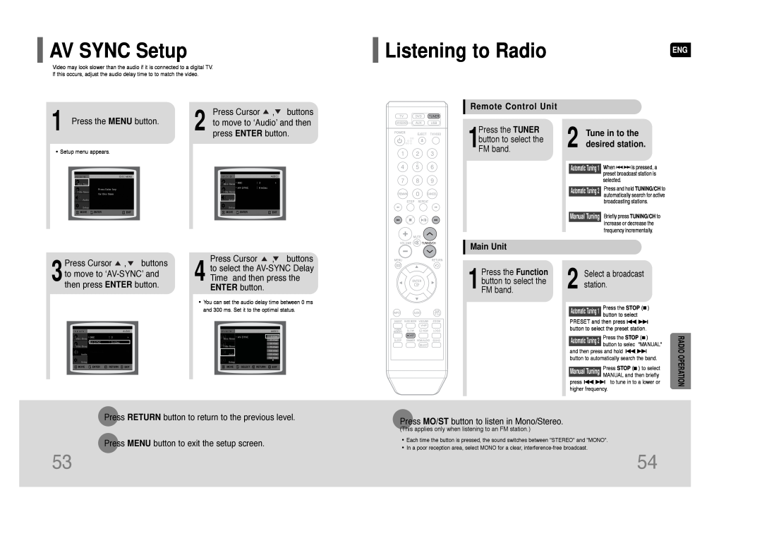 Samsung HT-Q100 AV SYNC Setup, Listening to Radio, Remote Control Unit, Tune in to the desired station, Main Unit 