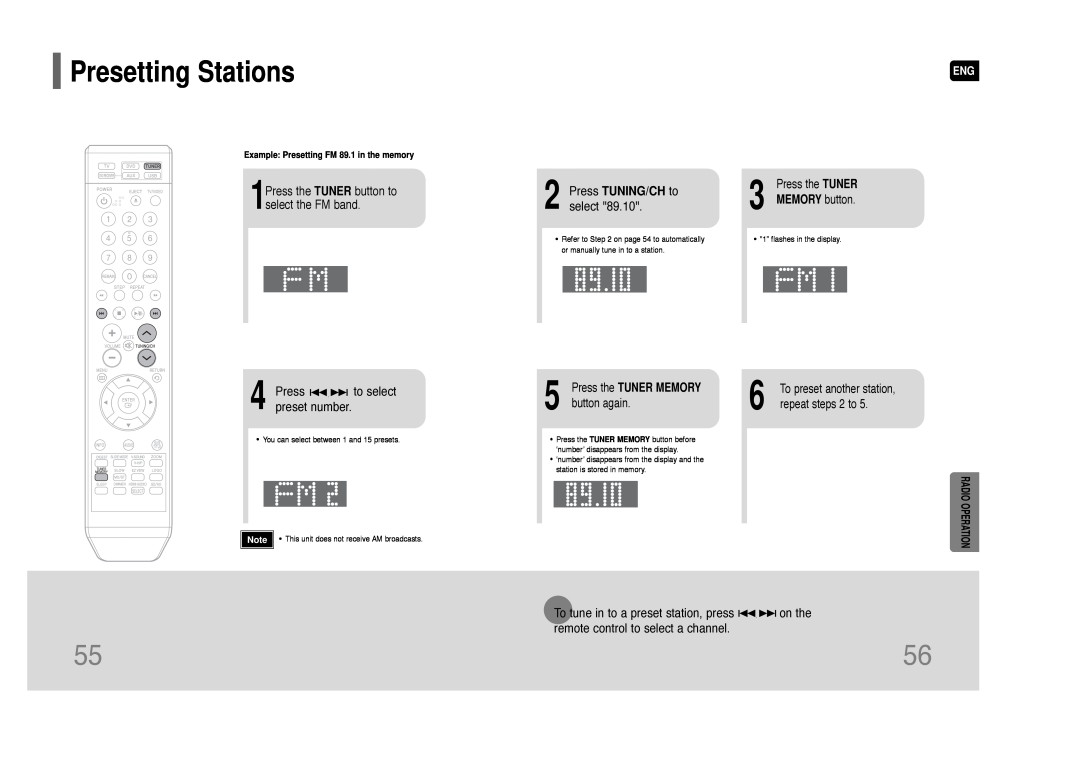 Samsung HT-Q100W Presetting Stations, Presspreset number. to select, Press TUNING/CH to, Radio Operation, button again 
