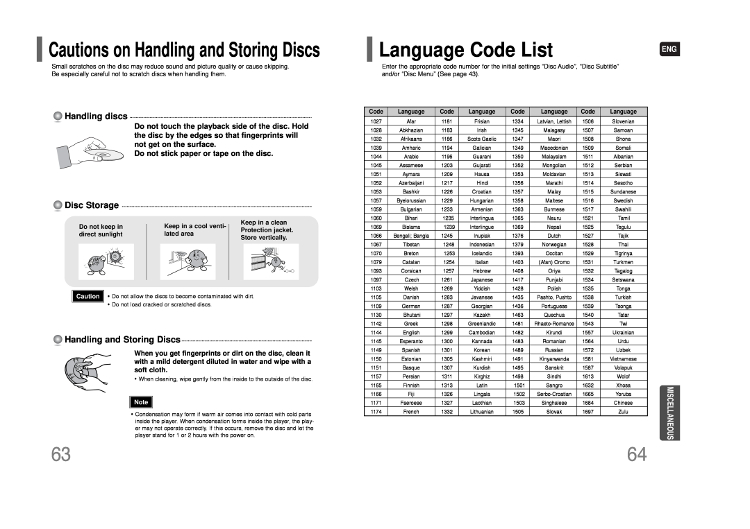 Samsung HT-Q100W Language Code List, Cautions on Handling and Storing Discs, Handling discs, Disc Storage, Do not keep in 