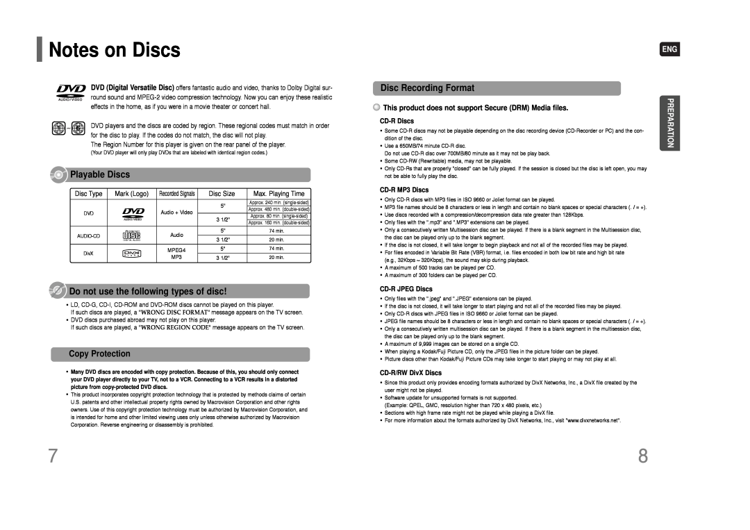 Samsung HT-Q100W Notes on Discs, Playable Discs, Do not use the following types of disc, Disc Recording Format, CD-RDiscs 