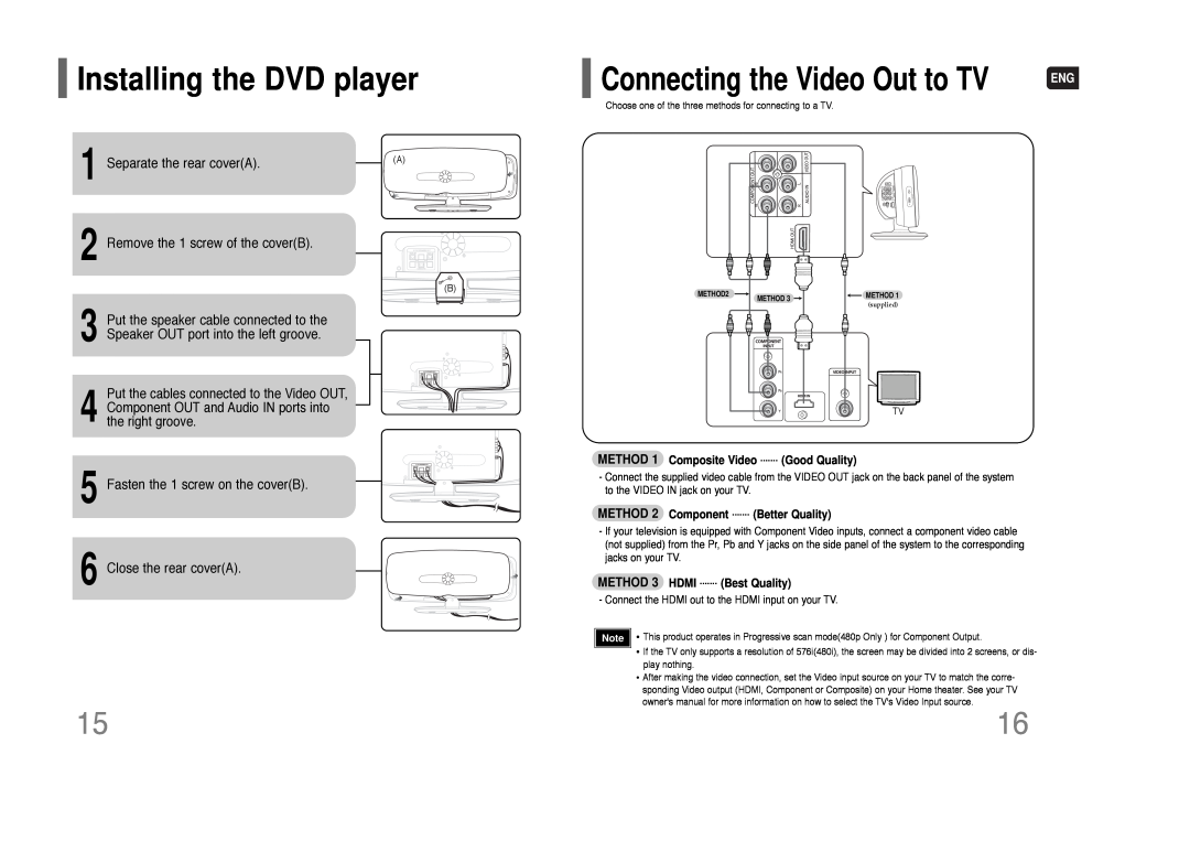 Samsung HT-Q100W instruction manual Installing the DVD player, Separate the rear coverA, Remove the 1 screw of the coverB 