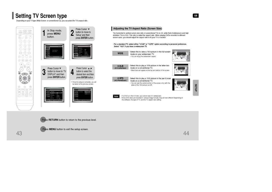 Samsung HT-Q100WR/XFU, HT-Q100R/XFU manual Adjusting the TV Aspect Ratio Screen Size, 43LB, 43PS, Letterbox, 43 Pan&Scan 