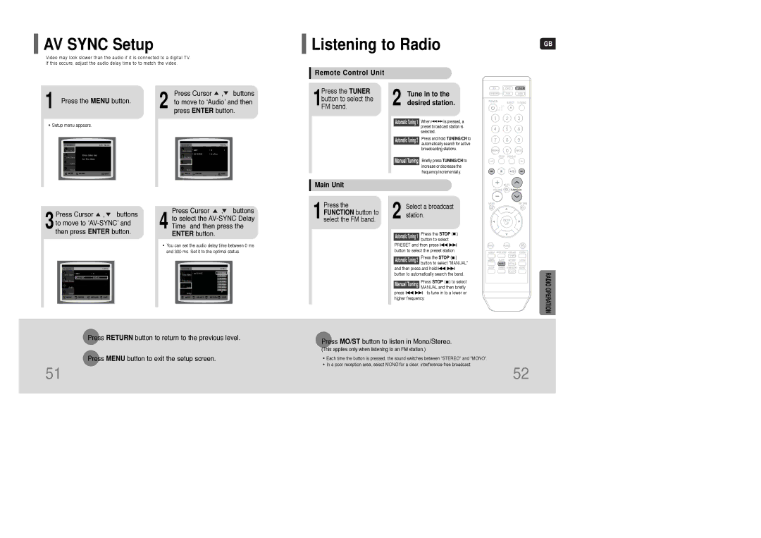 Samsung HT-Q100WR/XFU AV Sync Setup, Listening to Radio, Remote Control Unit, Tune in to the desired station, Main Unit 