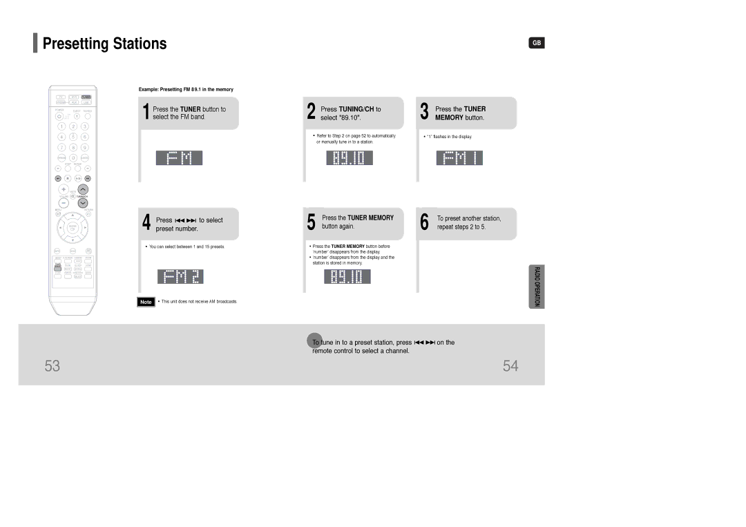 Samsung HT-Q100R/XFU manual Presetting Stations, Press the Tuner button to select the FM band, Press TUNING/CH to select 