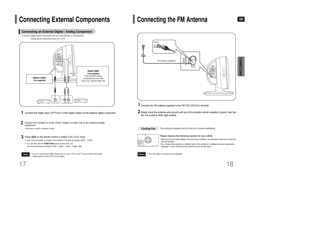 Samsung HT-Q100T/OMX, HT-Q100T/XEH manual Connecting an External Digital / Analog Component, Cooling Fan, Optical Cable 