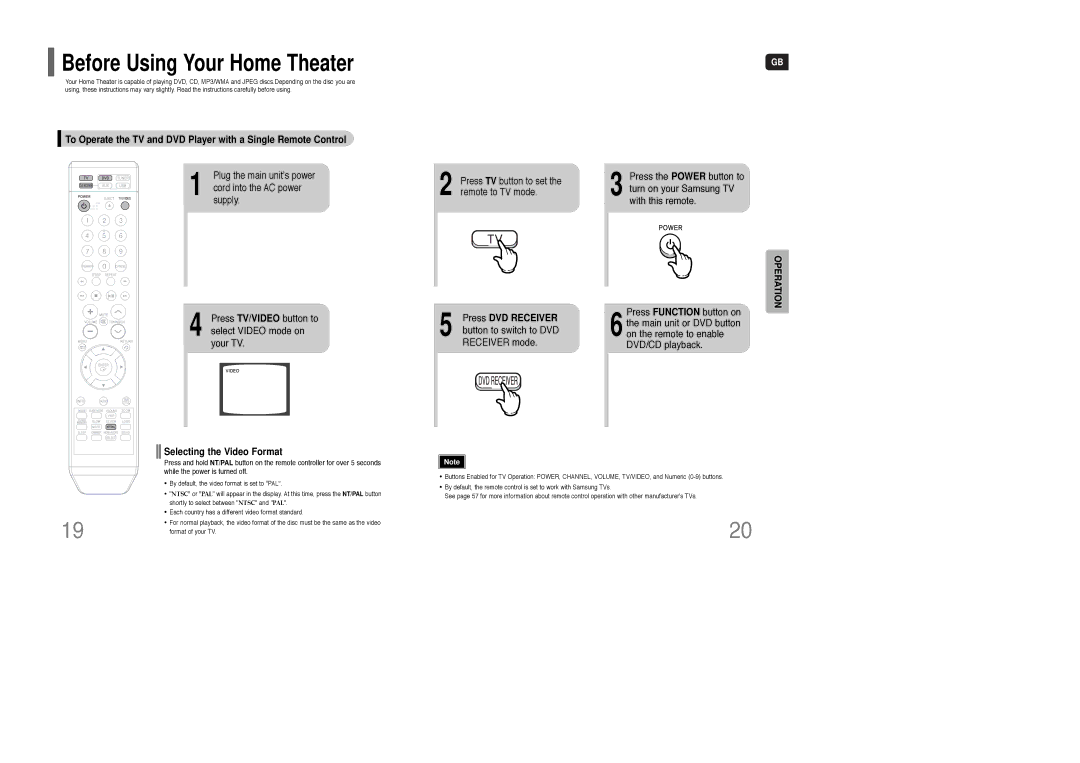 Samsung HT-XQ100T/OMX Cord into the AC power, Press TV button to set the remote to TV mode, Selecting the Video Format 