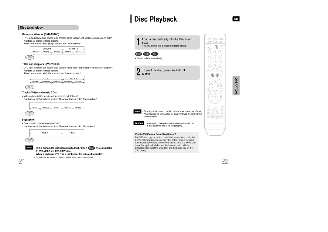 Samsung HT-XQ100T/XEC, HT-Q100T/XEH manual Disc Playback, Disc terminology, Load a disc vertically into the Disc Insert Hole 