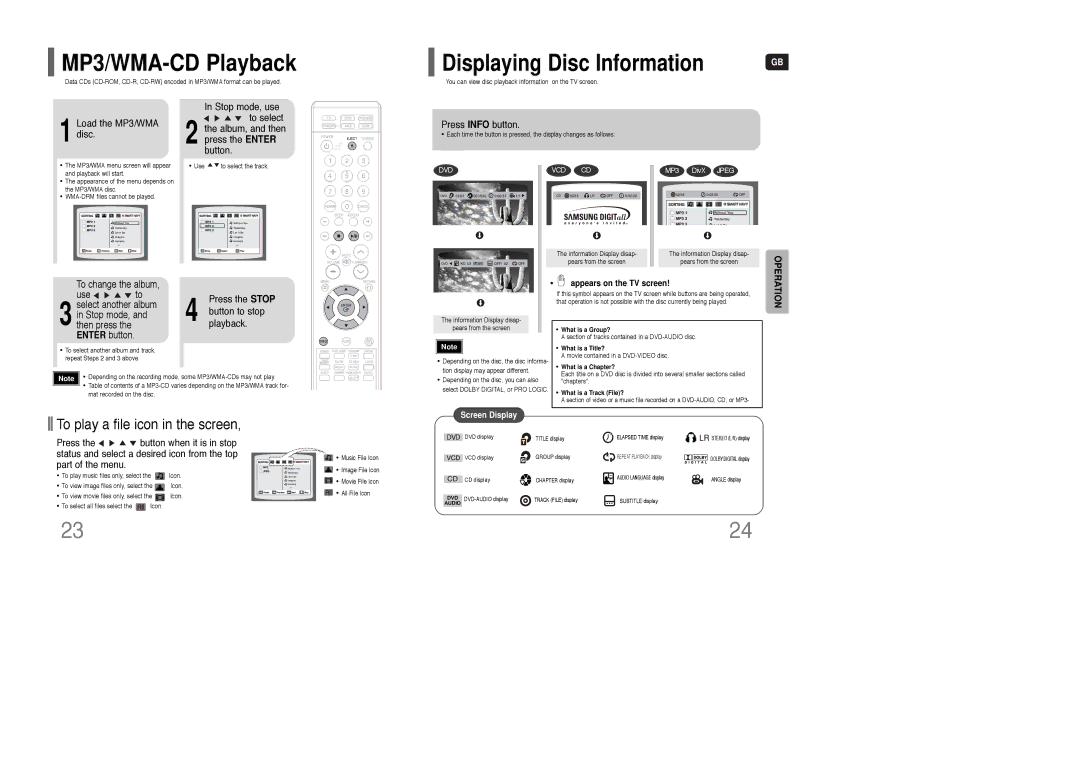 Samsung HT-XQ100WR/ELS, HT-Q100T/XEH, HT-XQ100R/ELS, HT-Q100WT/XEF MP3/WMA-CD Playback, To play a file icon in the screen 