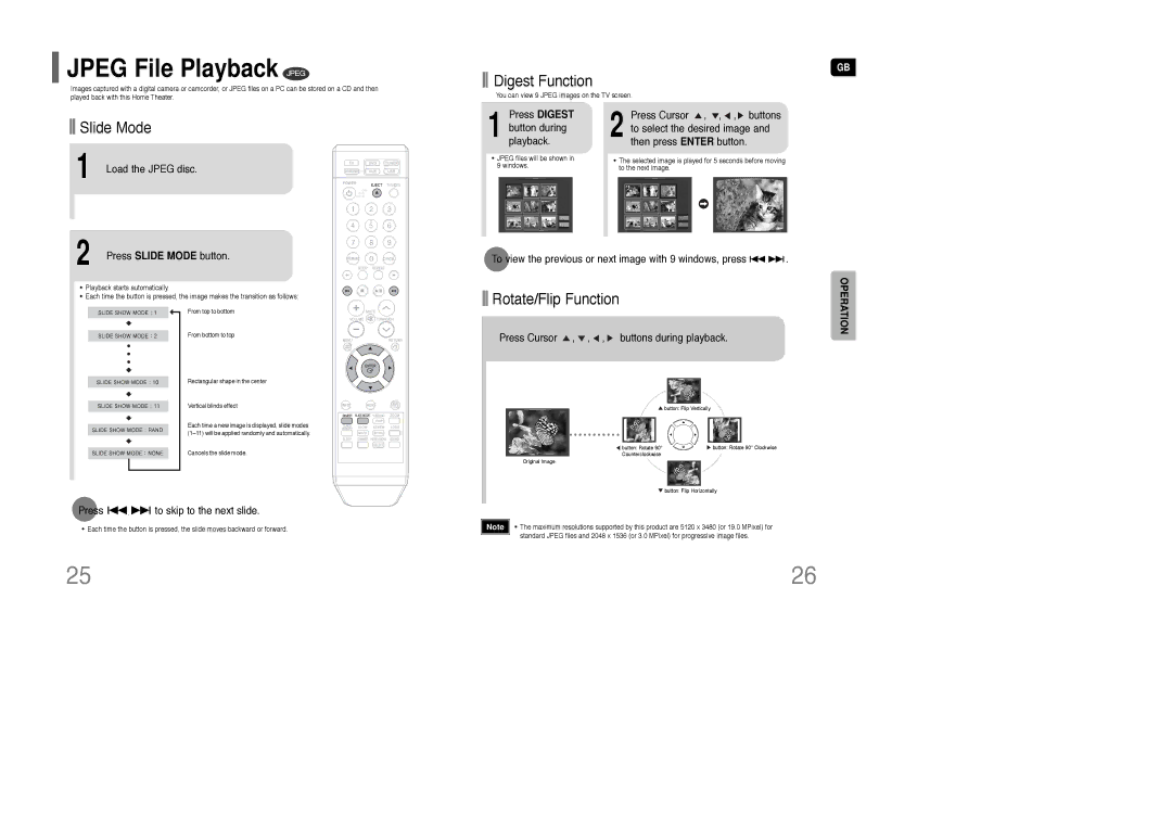 Samsung HT-XQ100T/XEH, HT-Q100T/XEH manual Jpeg File Playback Jpeg, Digest Function, Slide Mode, Rotate/Flip Function 