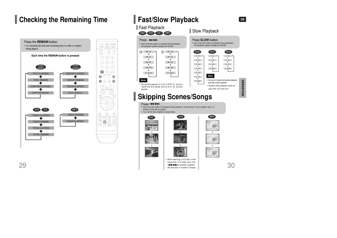 Samsung HT-XQ100T/XEE, HT-Q100T/XEH, HT-XQ100R/ELS Fast/Slow Playback, Skipping Scenes/Songs, Checking the Remaining Time 