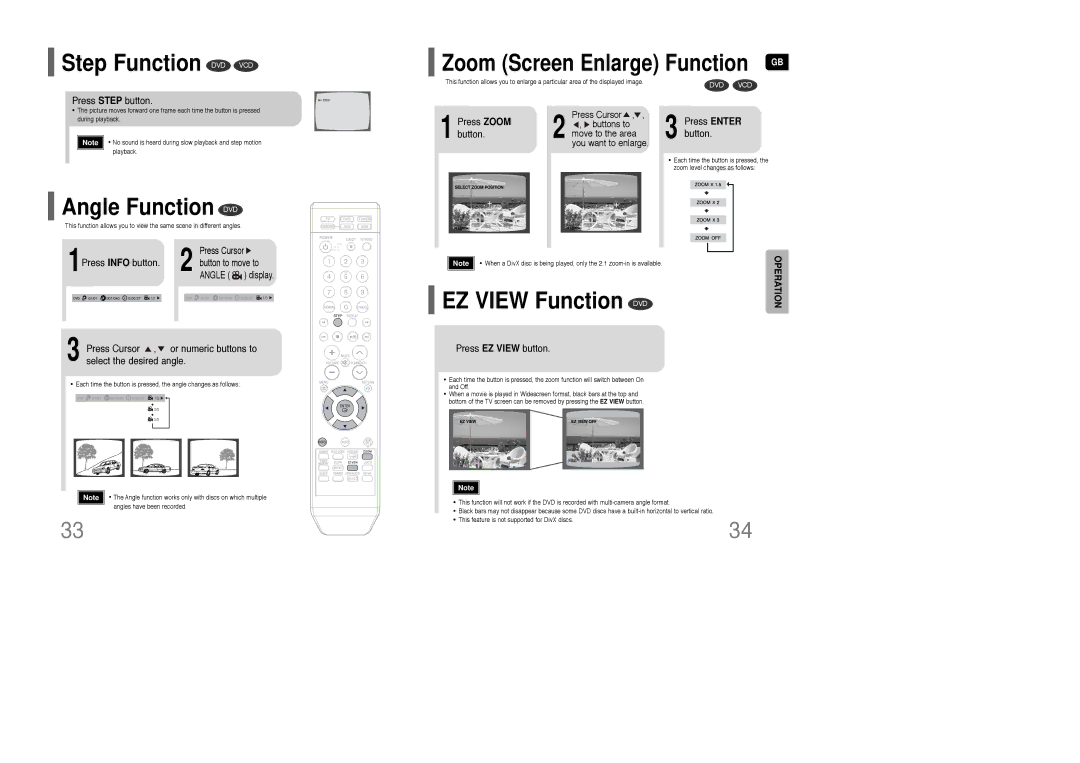 Samsung HT-Q100T/XEH Step Function DVD VCD, Angle Function DVD, EZ View Function DVD, Zoom Screen Enlarge Function GB 