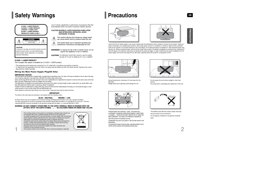 Samsung HT-Q100WT/XEF, HT-Q100T/XEH, HT-XQ100R/ELS, HT-Q100WR/ELS manual Safety Warnings PrecautionsGB, Class 1 Laser Product 