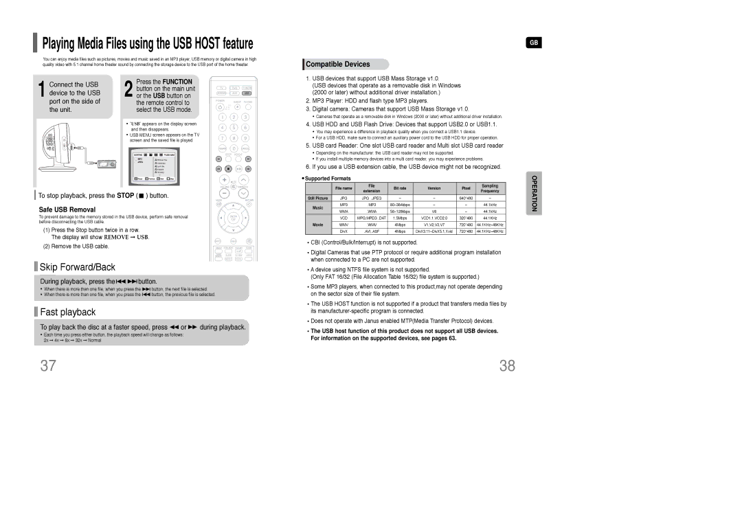 Samsung HT-Q100WT/XEF, HT-Q100T/XEH, HT-XQ100R/ELS, HT-Q100WR/ELS To stop playback, press the Stop button, Safe USB Removal 