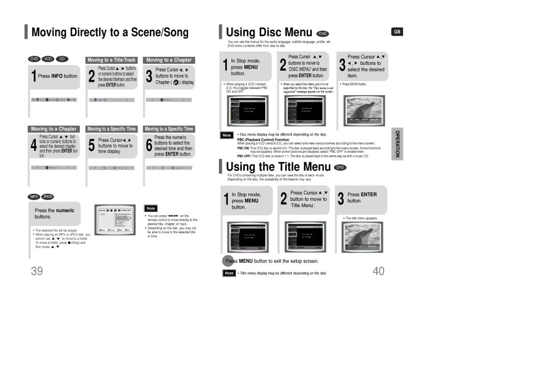 Samsung HT-Q100WR/ELS, HT-Q100T/XEH, HT-XQ100R/ELS Using the Title Menu DVD, Moving Directly to a Scene/Song, ‘Title Menu’ 