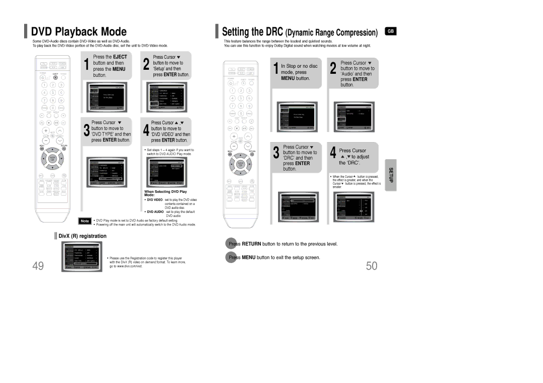 Samsung HT-Q100T/XEC, HT-Q100T/XEH DVD Playback Mode, Press the Eject Button and then press the Menu button, Press Cursor 