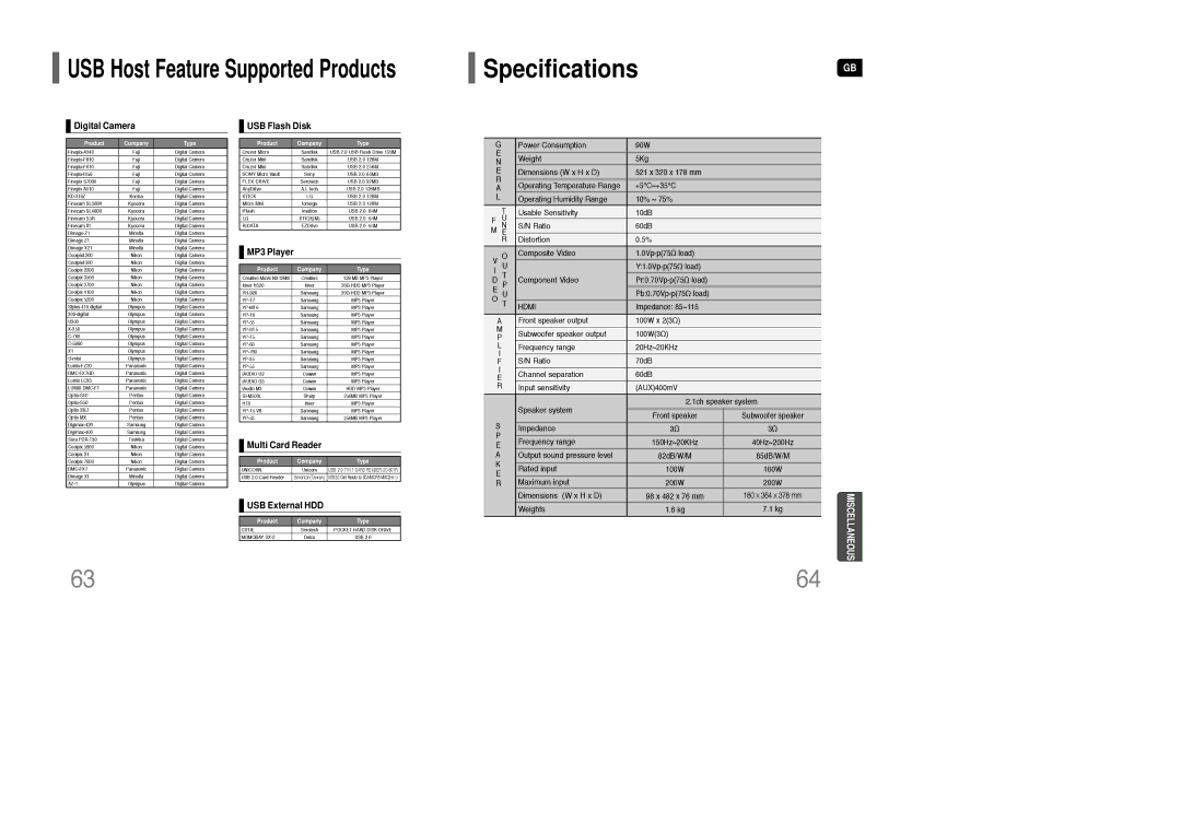 Samsung HT-Q100T/XEE, HT-Q100T/XEH, HT-XQ100R/ELS, HT-Q100WT/XEF, HT-Q100WR/ELS, HT-XQ100T/XEF, HT-Q100T/XEF SpecificationsGB 