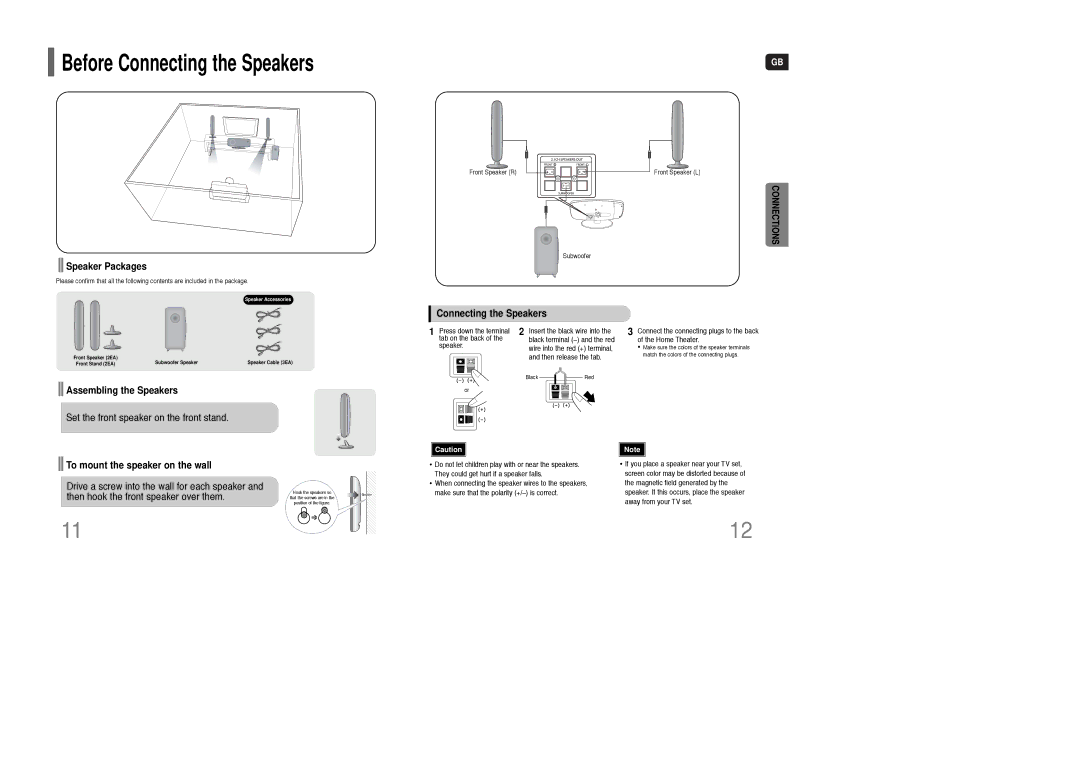 Samsung HT-Q100T/XET Speaker Packages, Connecting the Speakers, Assembling the Speakers, To mount the speaker on the wall 